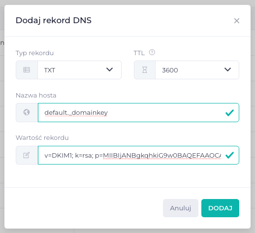 dodawanie rekordu DKIM do DNS
